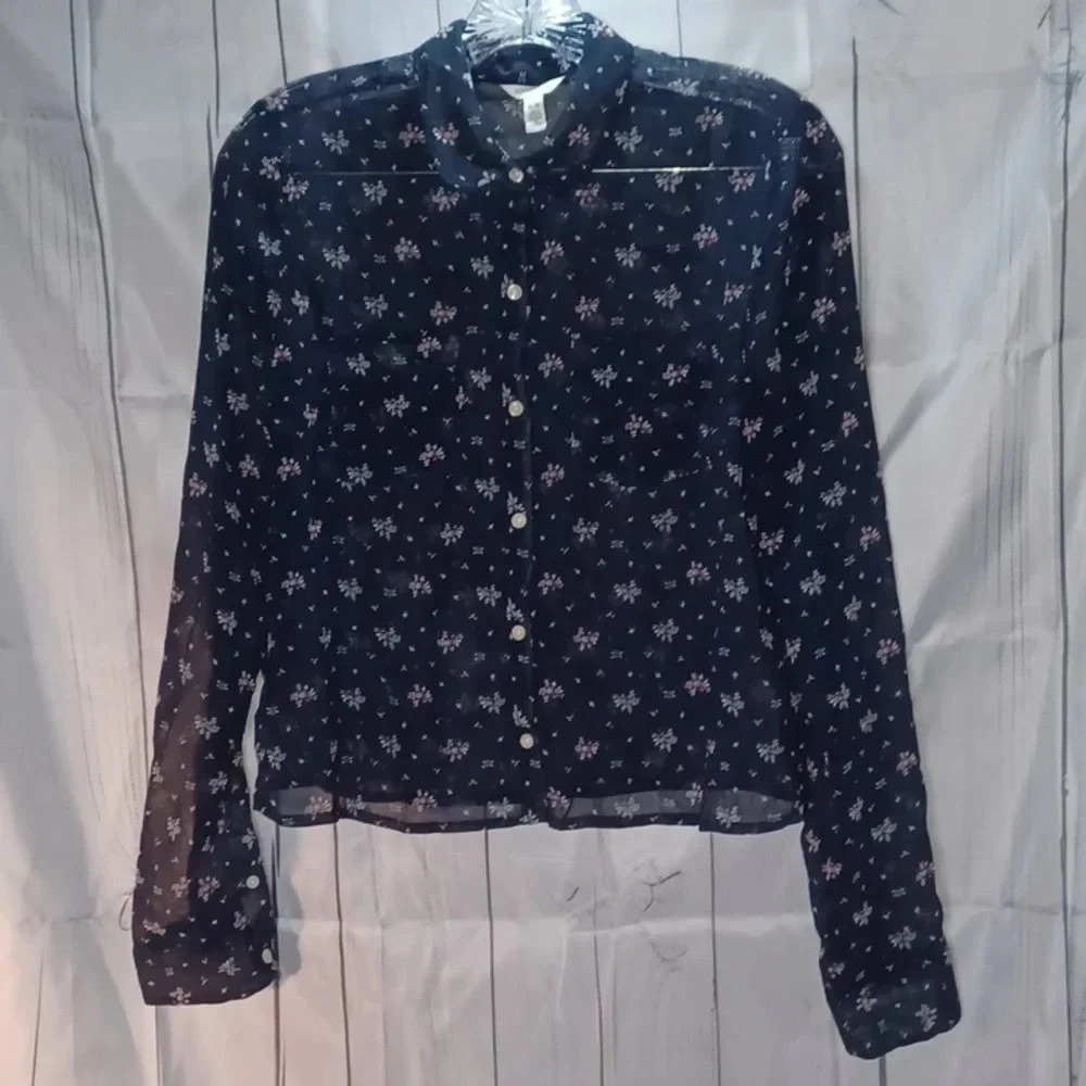 Aeropostale sheer long sleeve floral button-up coquette indie Whimsigoth shirt